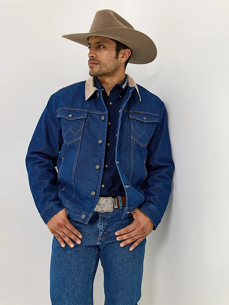 chaqueta vaquera wrangler con cuello de pana y forro de manta para hombre color índigo prelavado