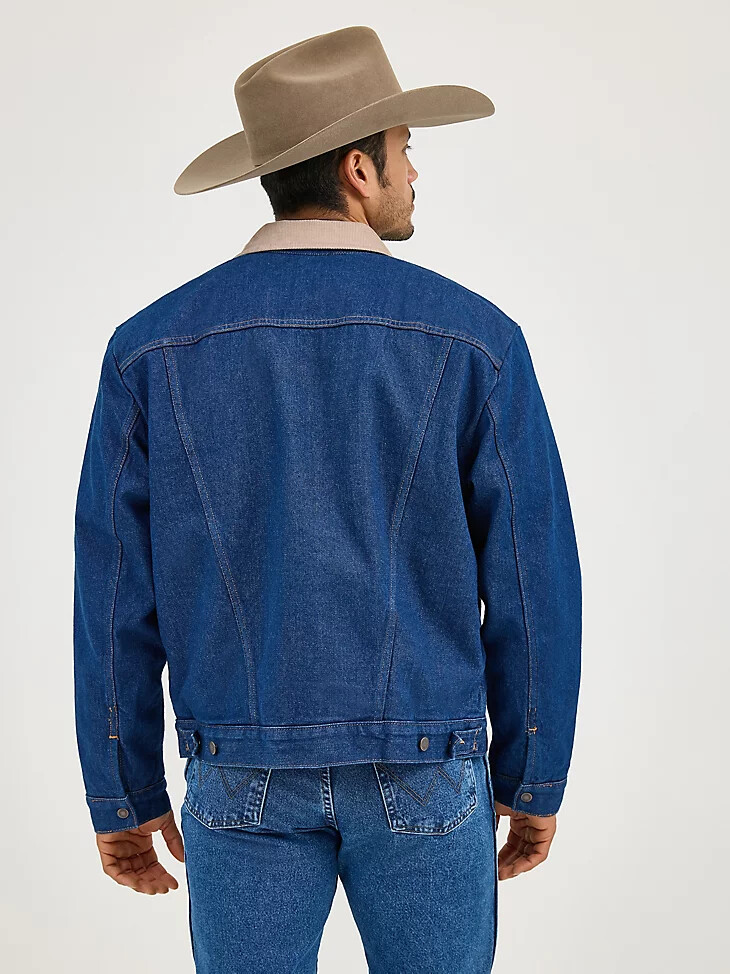 chaqueta vaquera wrangler con cuello de pana y forro de manta para hombre color índigo prelavado