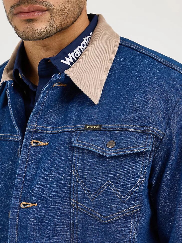 chaqueta vaquera wrangler con cuello de pana y forro de manta para hombre color índigo prelavado
