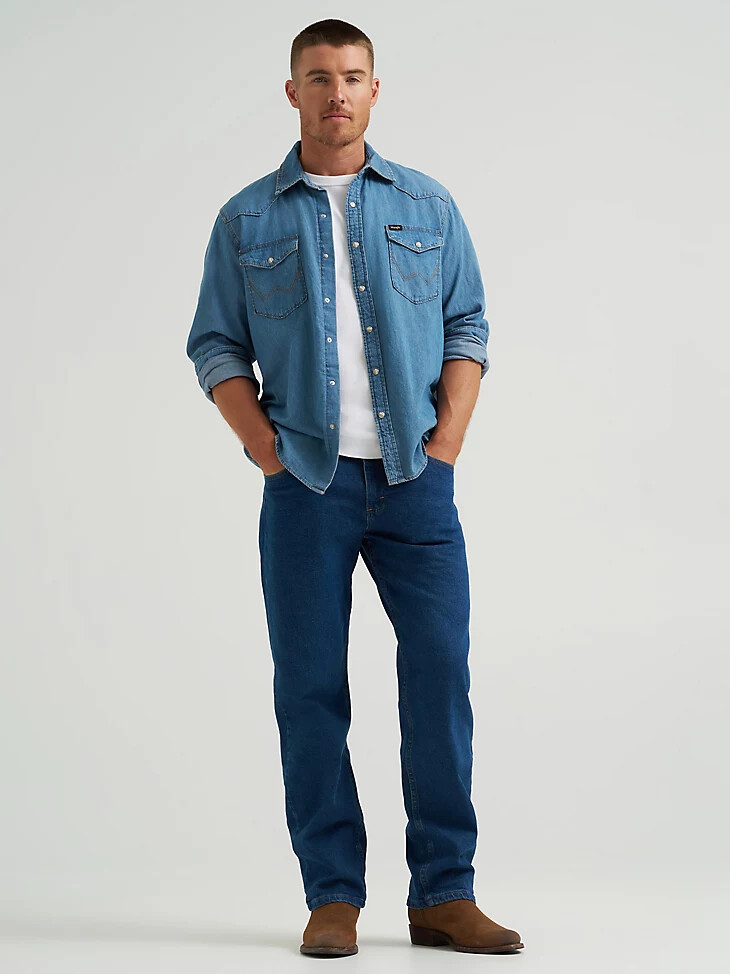 wrangler five star premium denim flex para mayor comodidad ajuste relajado jeans color piedra