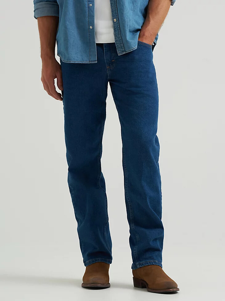 wrangler five star premium denim flex para mayor comodidad ajuste relajado jeans color piedra