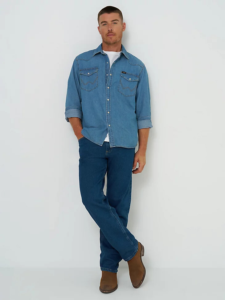 wrangler five star premium denim flex para mayor comodidad ajuste relajado jeans color piedra