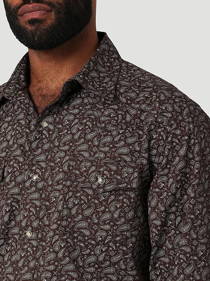 camisa wrangler retro premium western con estampado a presión en color marrón y cachemir para hombre