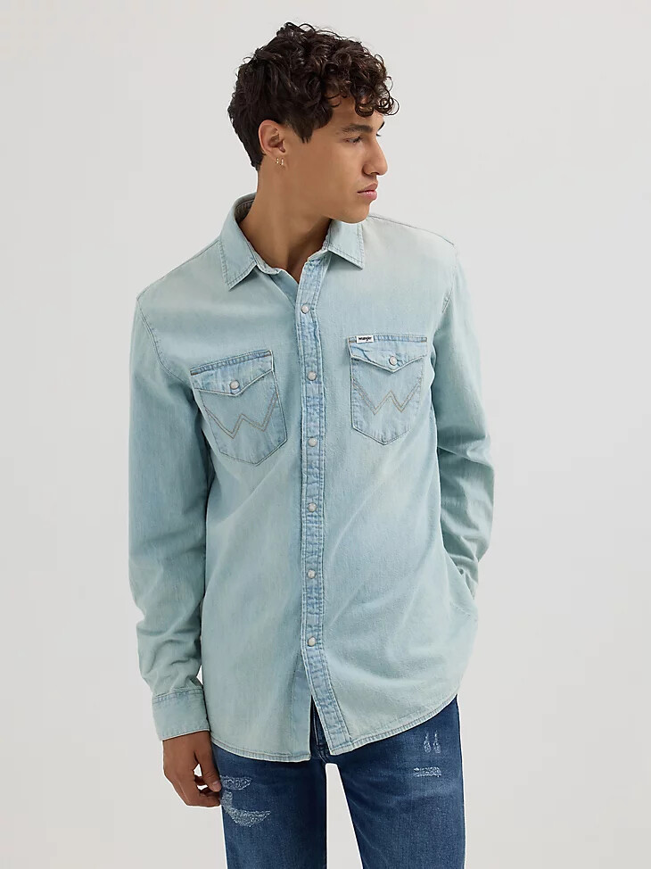 camisa vaquera de manga larga estilo western para hombre lavado claro