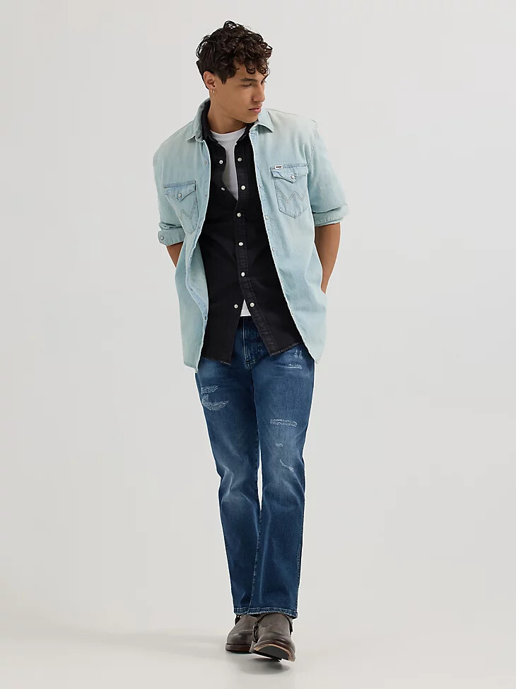 camisa vaquera de manga larga estilo western para hombre lavado claro