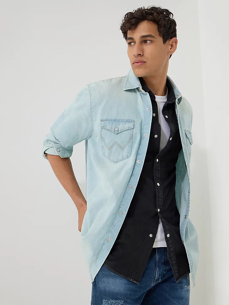 camisa vaquera de manga larga estilo western para hombre lavado claro