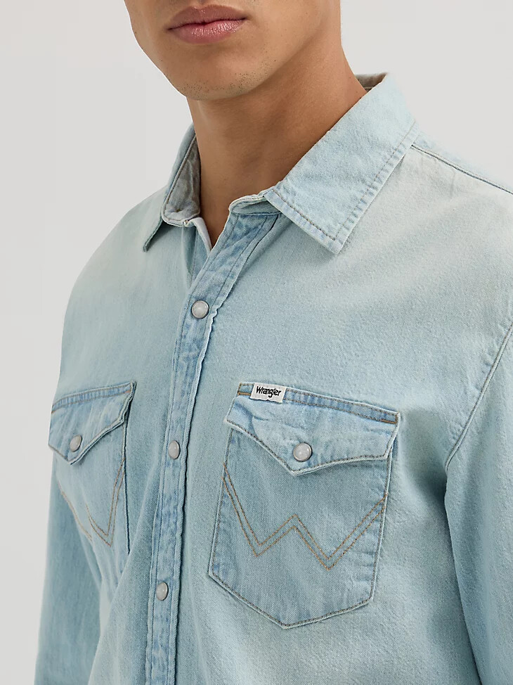 camisa vaquera de manga larga estilo western para hombre lavado claro