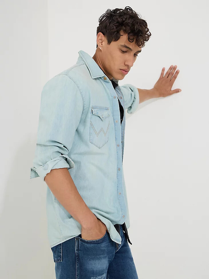 camisa vaquera de manga larga estilo western para hombre lavado claro