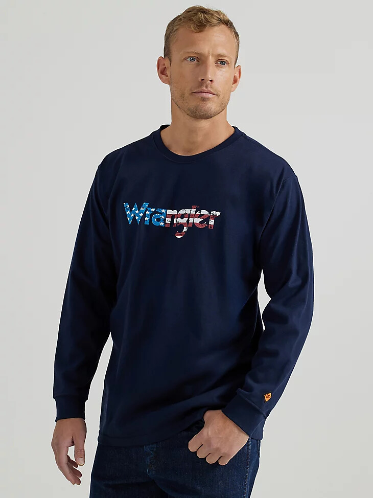 camiseta gráfica de manga larga ignífuga wrangler con bandera azul marino