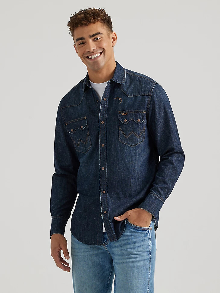 camisa wrangler x buffalo trace revival para hombre en color roble índigo