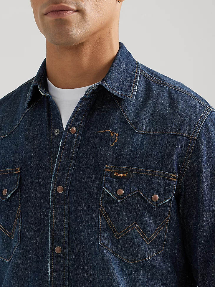 camisa wrangler x buffalo trace revival para hombre en color roble índigo
