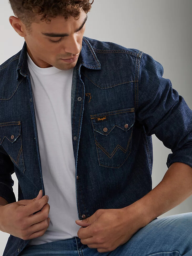 camisa wrangler x buffalo trace revival para hombre en color roble índigo
