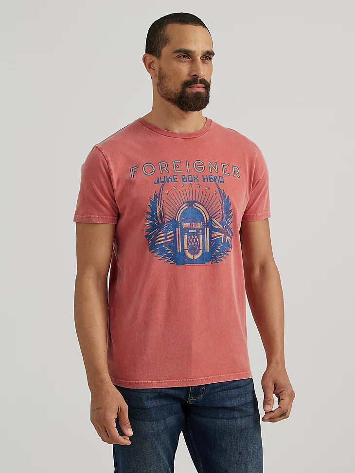 camiseta gráfica de concierto foreigner para hombre en rojo mineral