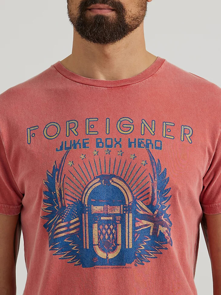 camiseta gráfica de concierto foreigner para hombre en rojo mineral