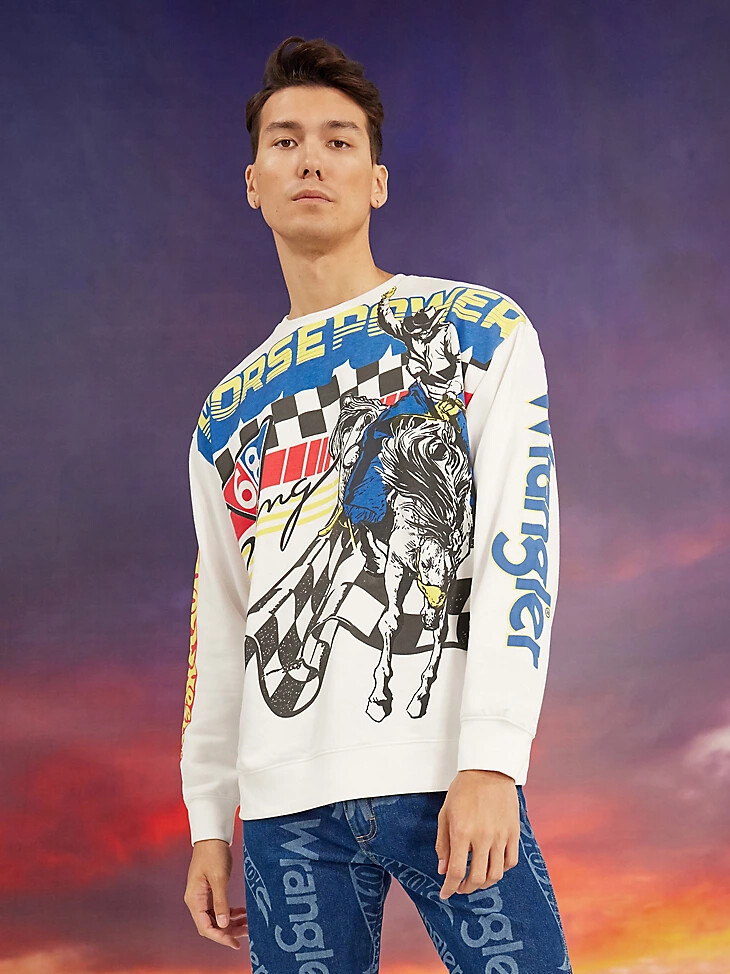 suéter con cuello redondo wrangler x hot wheels para hombre blanco brillante