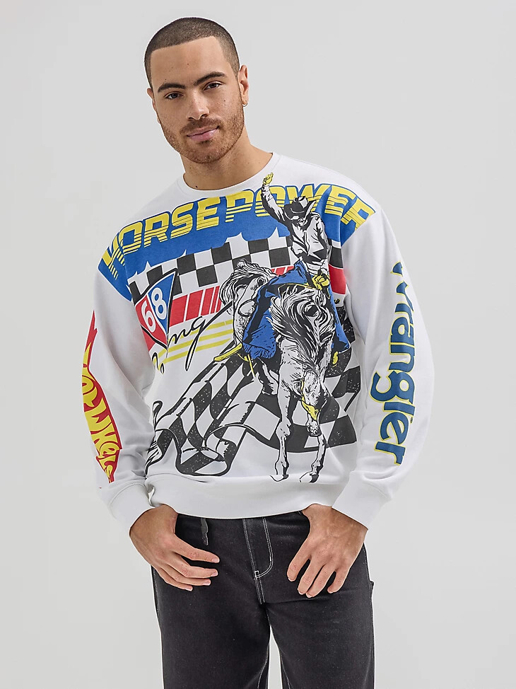 suéter con cuello redondo wrangler x hot wheels para hombre blanco brillante