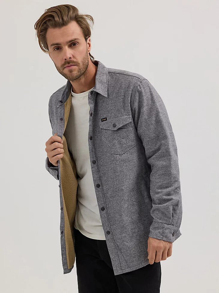 chaqueta estilo camisa jaspeada con forro de sherpa para hombre color obsidiana