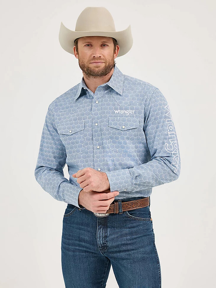 camisa vaquera de manga larga con logo wrangler para hombre con broches de presión hexágonos azul acero
