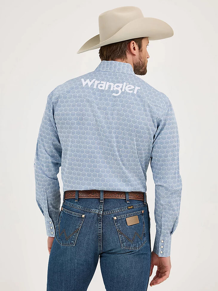 camisa vaquera de manga larga con logo wrangler para hombre con broches de presión hexágonos azul acero