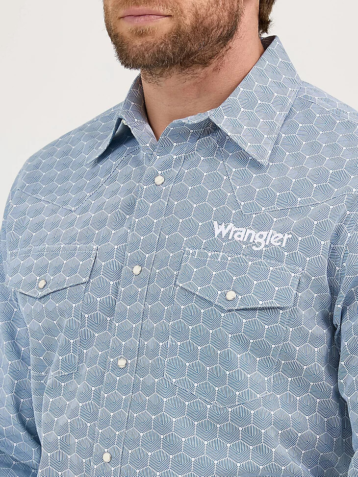 camisa vaquera de manga larga con logo wrangler para hombre con broches de presión hexágonos azul acero