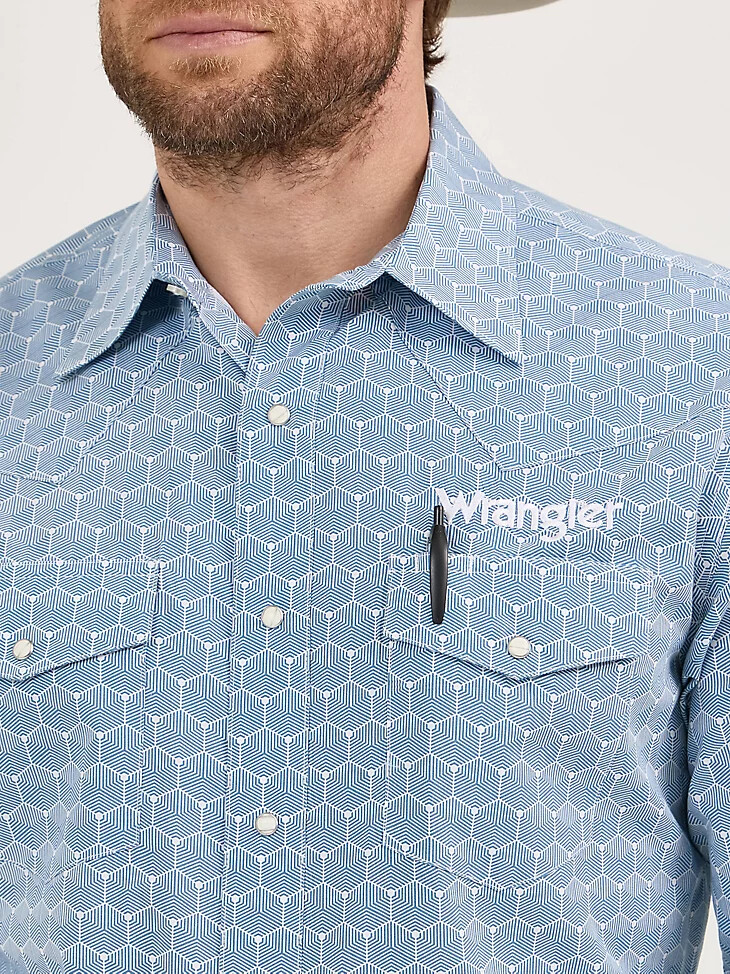 camisa vaquera de manga larga con logo wrangler para hombre con broches de presión hexágonos azul acero