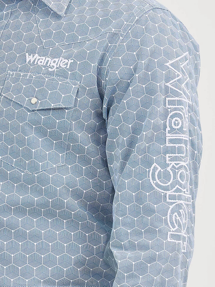 camisa vaquera de manga larga con logo wrangler para hombre con broches de presión hexágonos azul acero