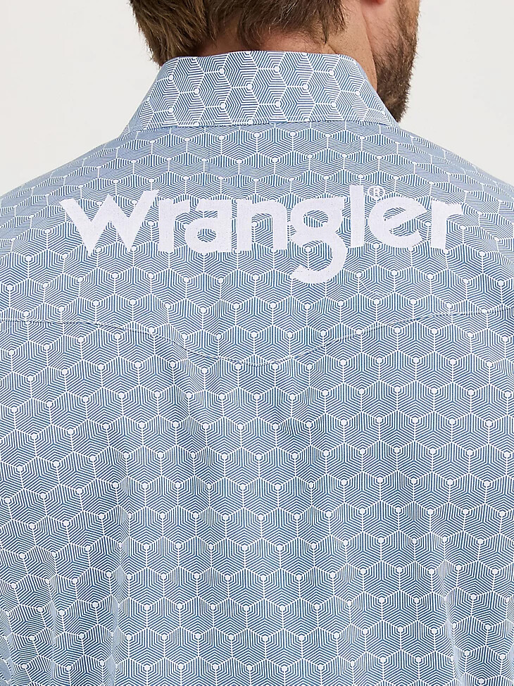 camisa vaquera de manga larga con logo wrangler para hombre con broches de presión hexágonos azul acero
