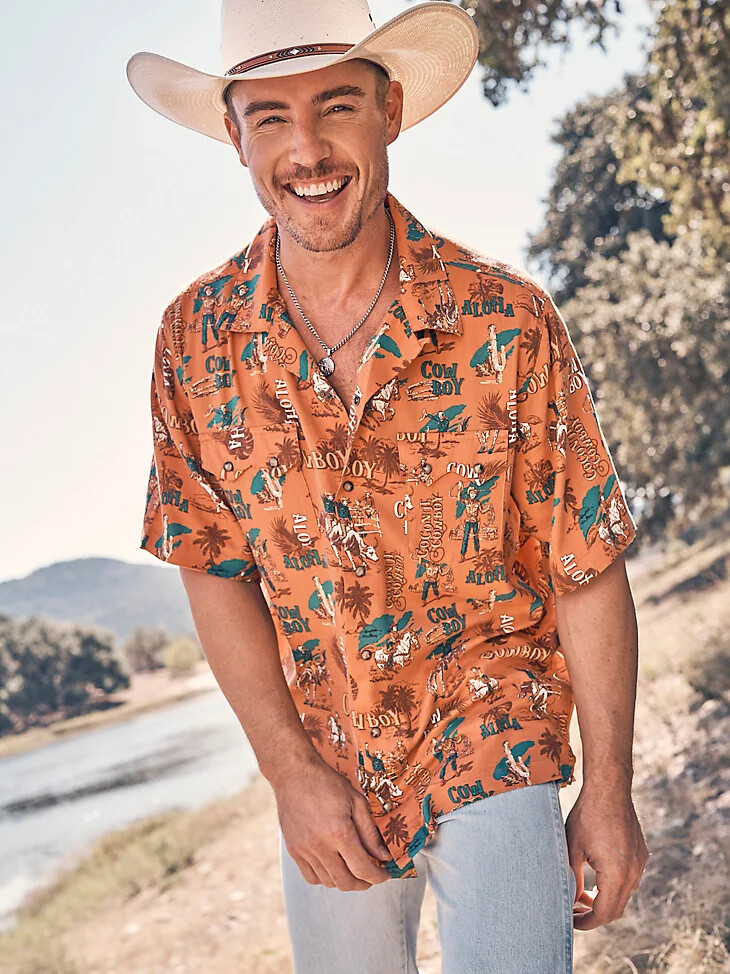 camisa de campamento vaquera con broches delanteros wrangler coconut aloha orange