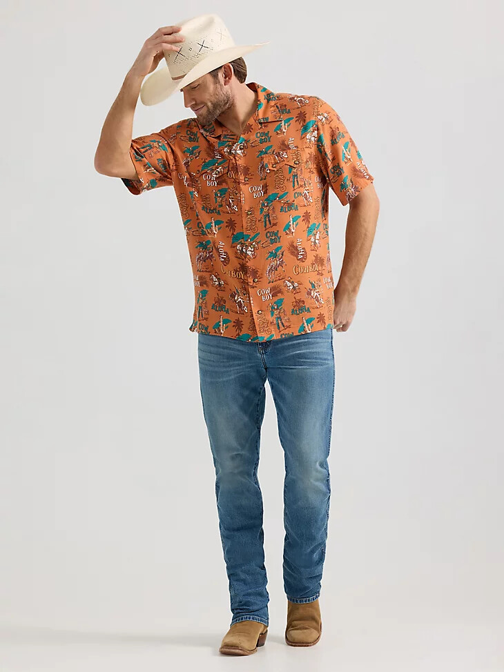 camisa de campamento vaquera con broches delanteros wrangler coconut aloha orange
