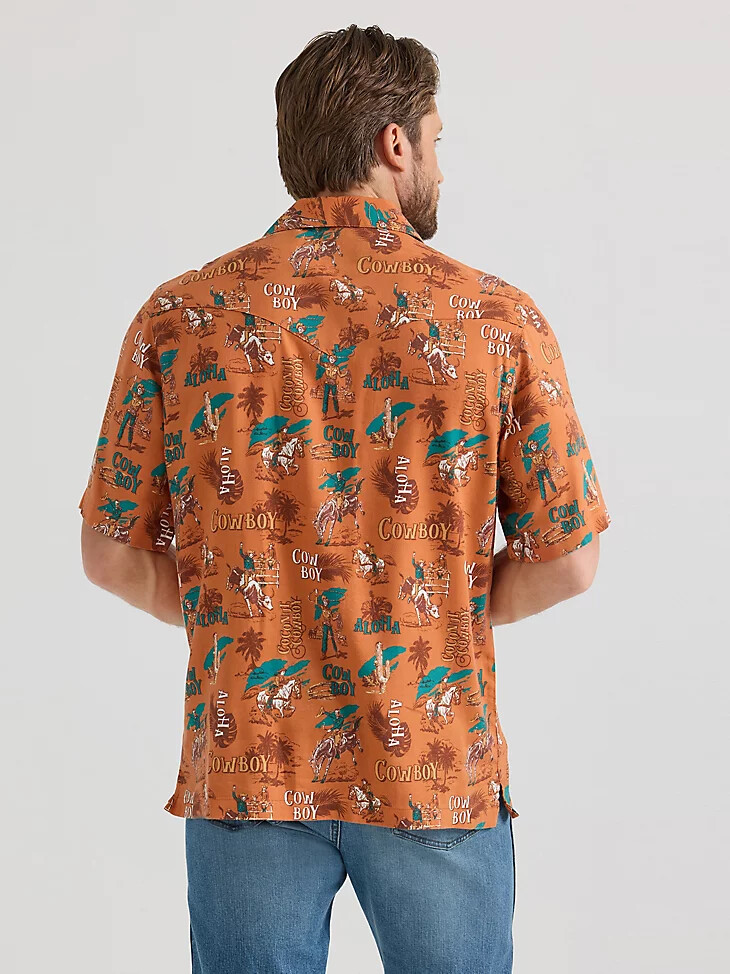 camisa de campamento vaquera con broches delanteros wrangler coconut aloha orange