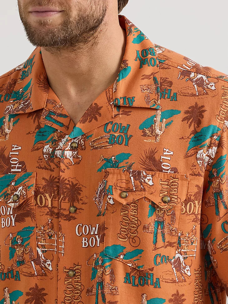 camisa de campamento vaquera con broches delanteros wrangler coconut aloha orange