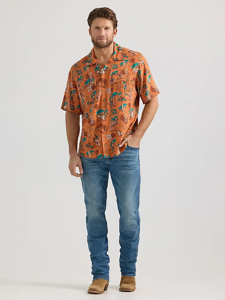 camisa de campamento vaquera con broches delanteros wrangler coconut aloha orange