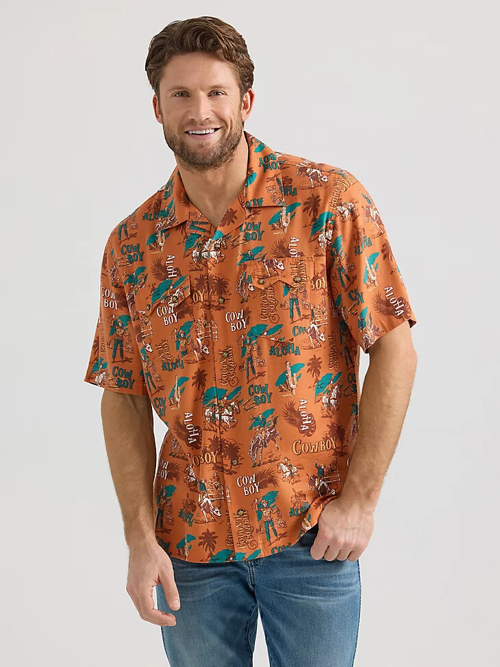 camisa de campamento vaquera con broches delanteros wrangler coconut aloha orange