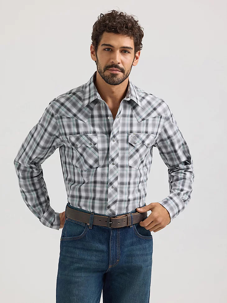 camisa vaquera wrangler retro de manga larga con bolsillo a presión y diseño de dientes de sierra para hombre gris ahumado
