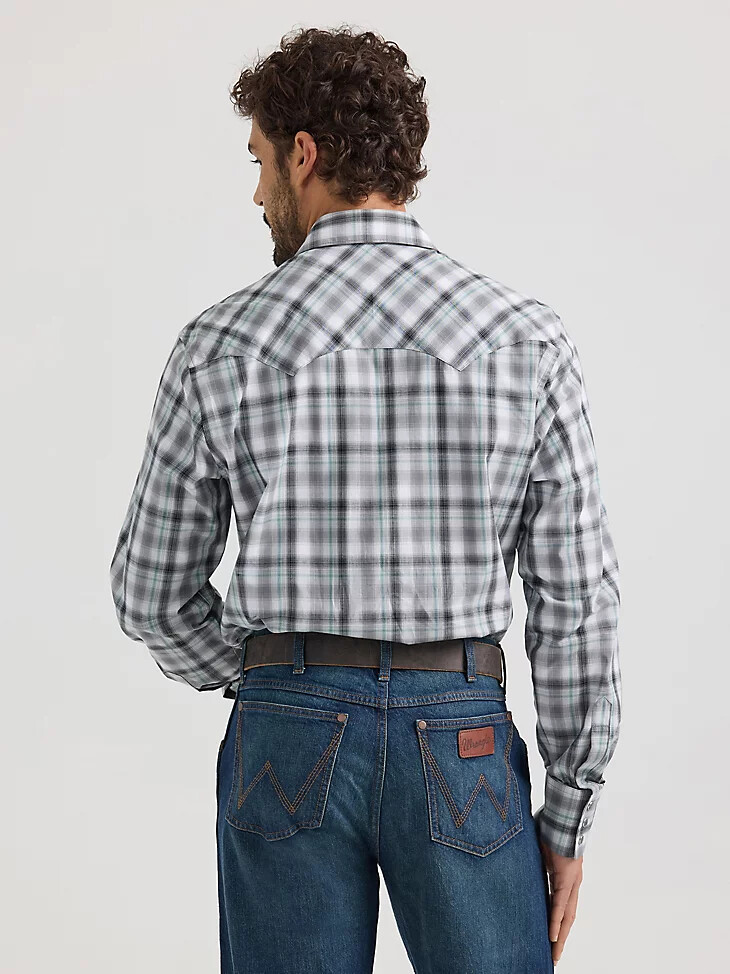 camisa vaquera wrangler retro de manga larga con bolsillo a presión y diseño de dientes de sierra para hombre gris ahumado