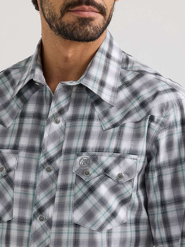 camisa vaquera wrangler retro de manga larga con bolsillo a presión y diseño de dientes de sierra para hombre gris ahumado