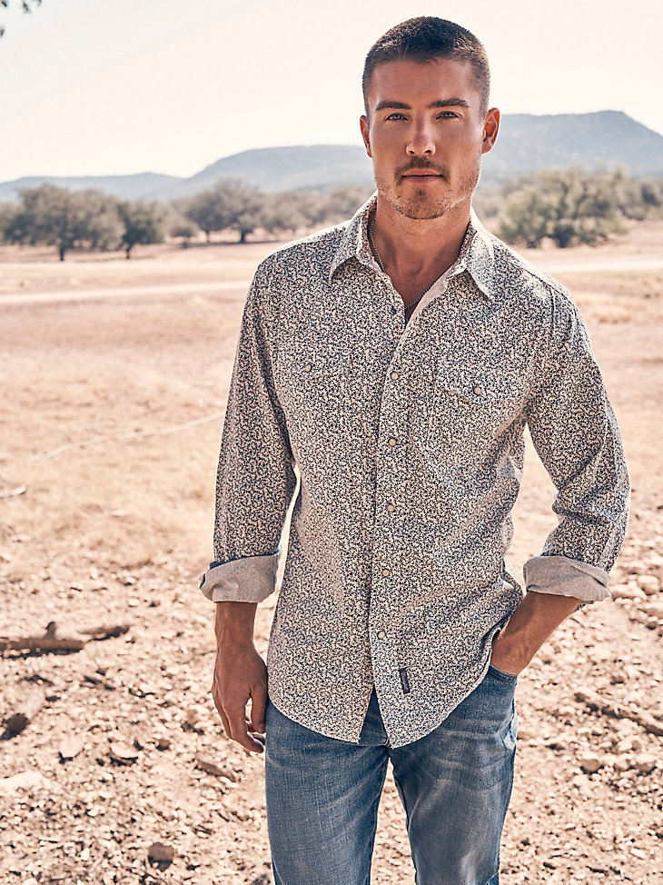 camisa wrangler retro premium de manga larga con estampado western snap para hombre color gris vines