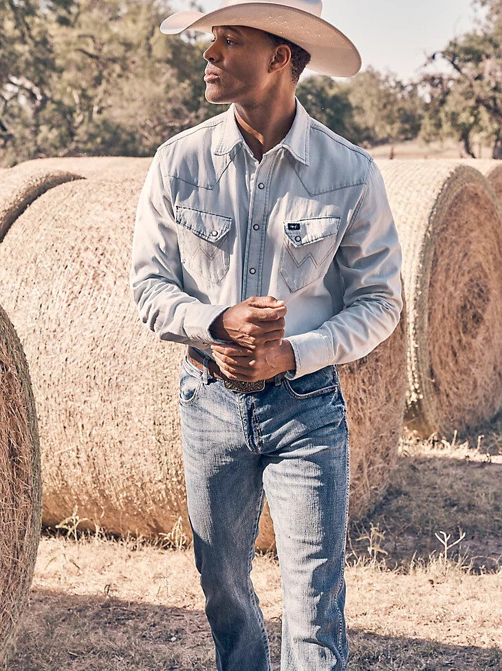 camisa de trabajo con broches estilo western de inspiración vintage color blanco lavado a la piedra