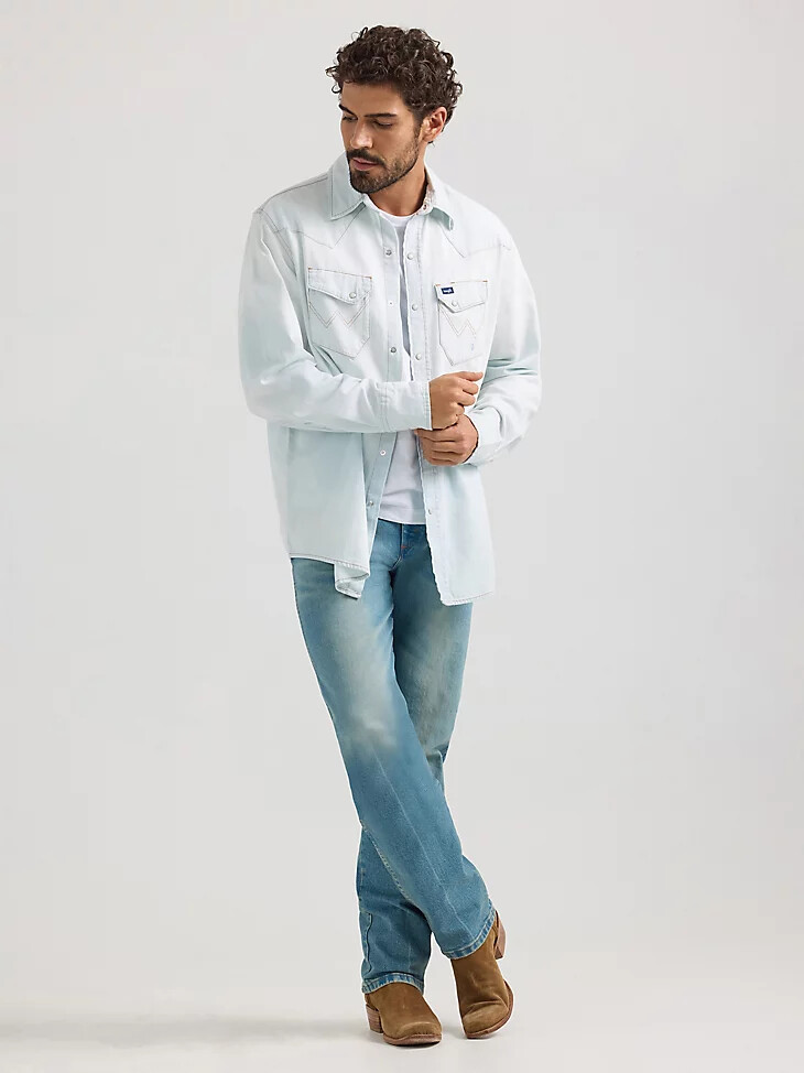 camisa de trabajo con broches estilo western de inspiración vintage color blanco lavado a la piedra