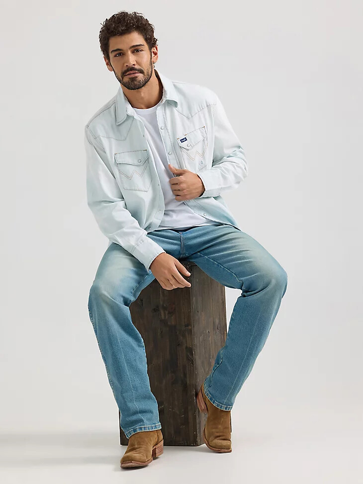 camisa de trabajo con broches estilo western de inspiración vintage color blanco lavado a la piedra