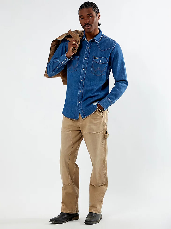 camisa vaquera wrangler x pacsun para hombre con lavado vaquero