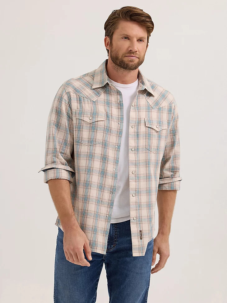 camisa wrangler retro premium de manga larga con broches estilo western a cuadros para hombre color azul arena
