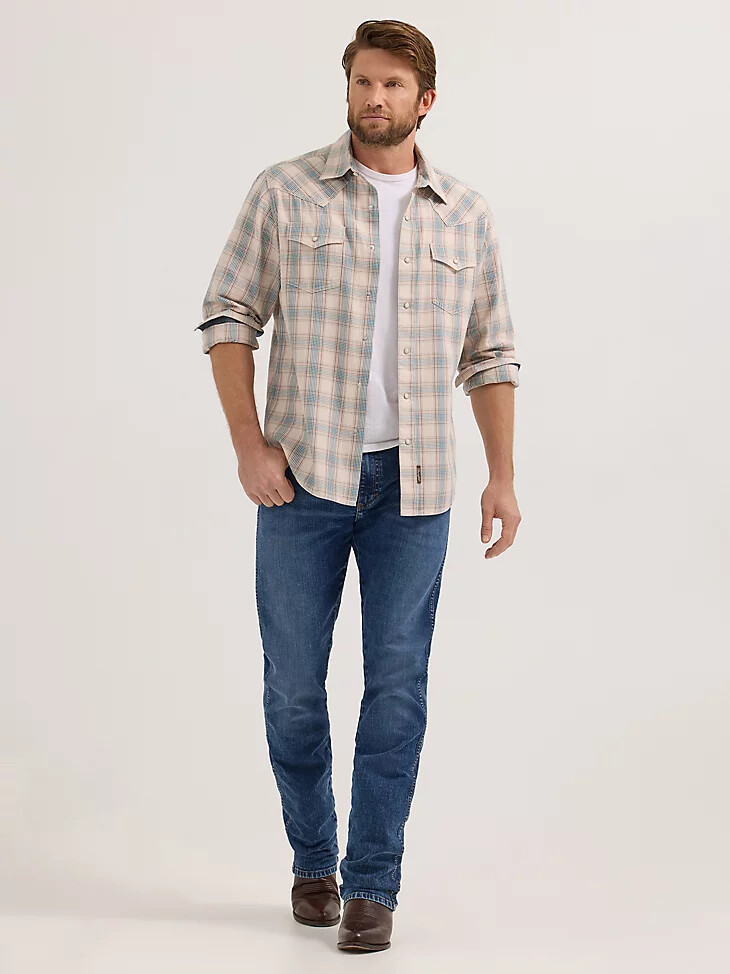 camisa wrangler retro premium de manga larga con broches estilo western a cuadros para hombre color azul arena