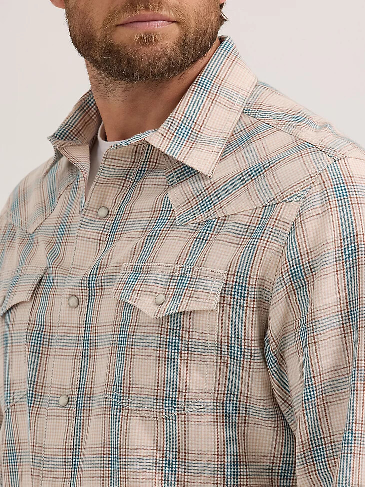 camisa wrangler retro premium de manga larga con broches estilo western a cuadros para hombre color azul arena