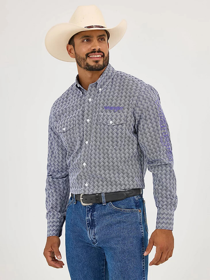 camisa de manga larga con botones y estampado del logotipo de wrangler para hombre color azul marino y orquídea