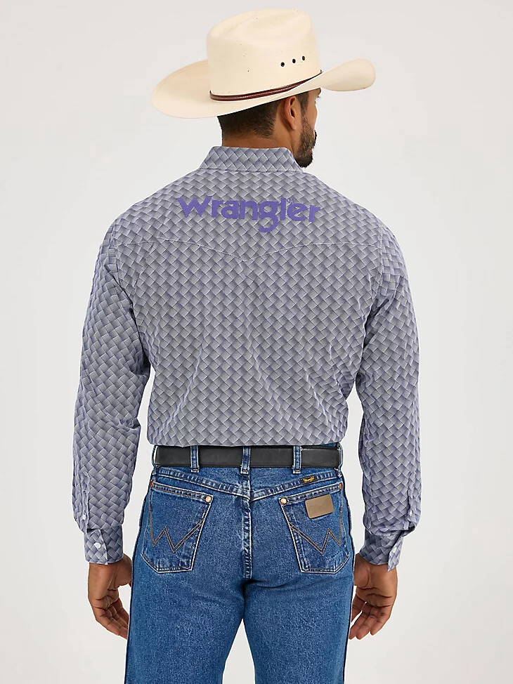 camisa de manga larga con botones y estampado del logotipo de wrangler para hombre color azul marino y orquídea