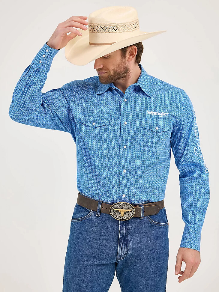 camisa de manga larga con estampado de broches estilo western y logotipo wrangler para hombre color cerúleo