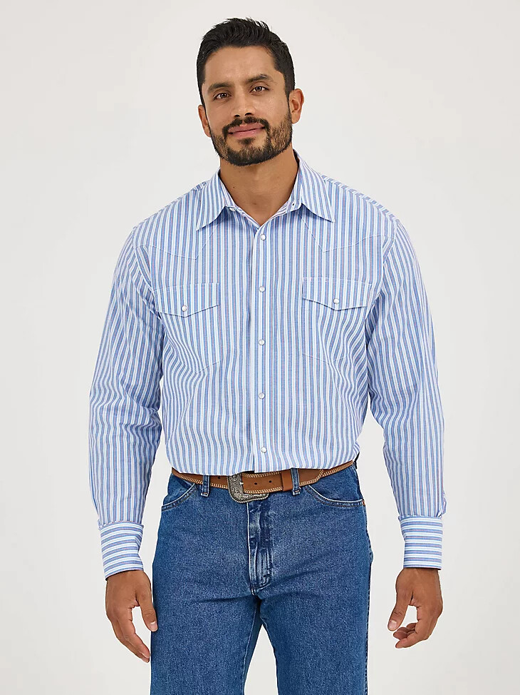 camisa de manga larga con rayas y broches estilo western para hombre resistente a las arrugas color azul intenso