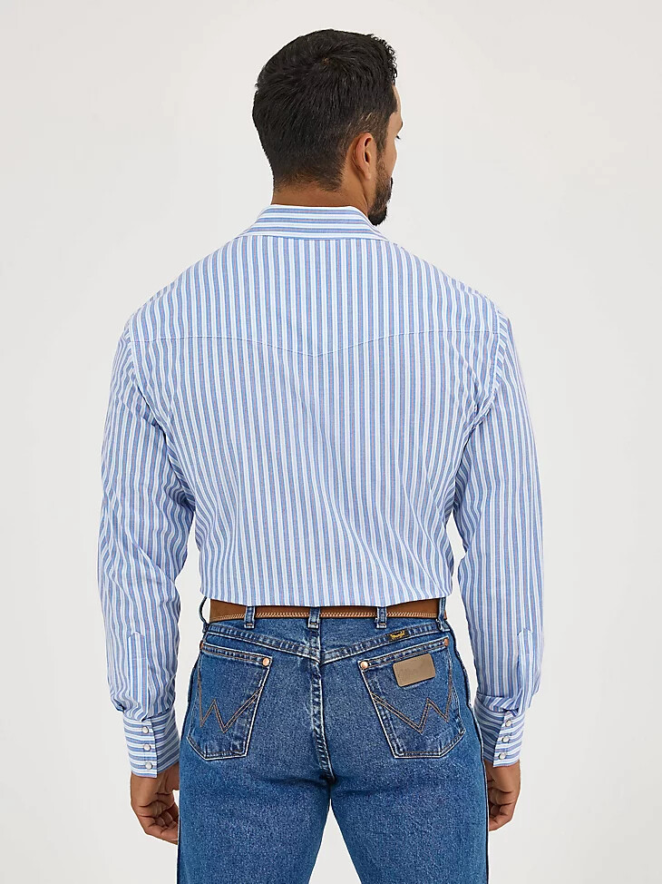 camisa de manga larga con rayas y broches estilo western para hombre resistente a las arrugas color azul intenso