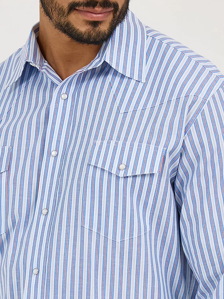 camisa de manga larga con rayas y broches estilo western para hombre resistente a las arrugas color azul intenso